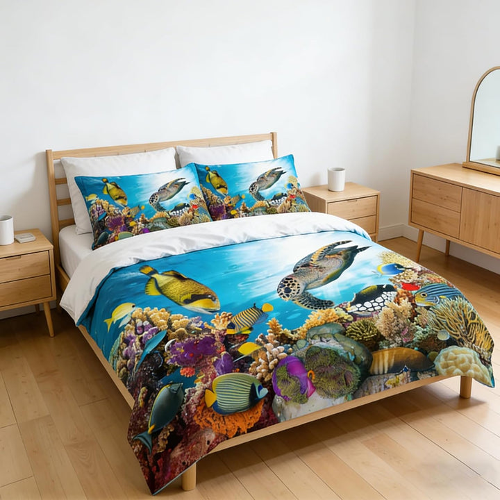 EHAOKK 3D Meer Tier Bettwäsche Set,Delfin,Tropischer Fisch,Korallen,Meeresleben Bettbezug,Blaue Unte
