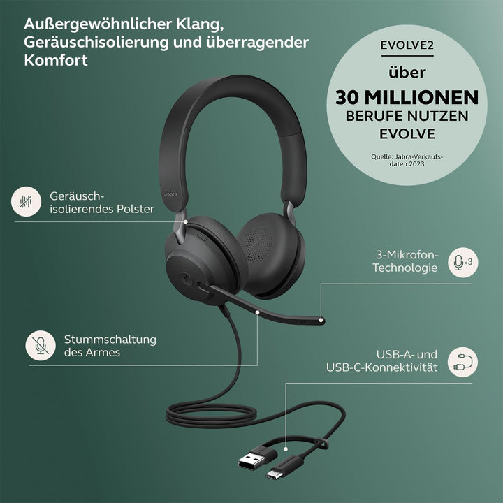 Jabra Evolve2 40 SE Kabelgebundenes Mono-Headset mit Geräuschunterdrückung, 3-Mikrofon-Technologie u
