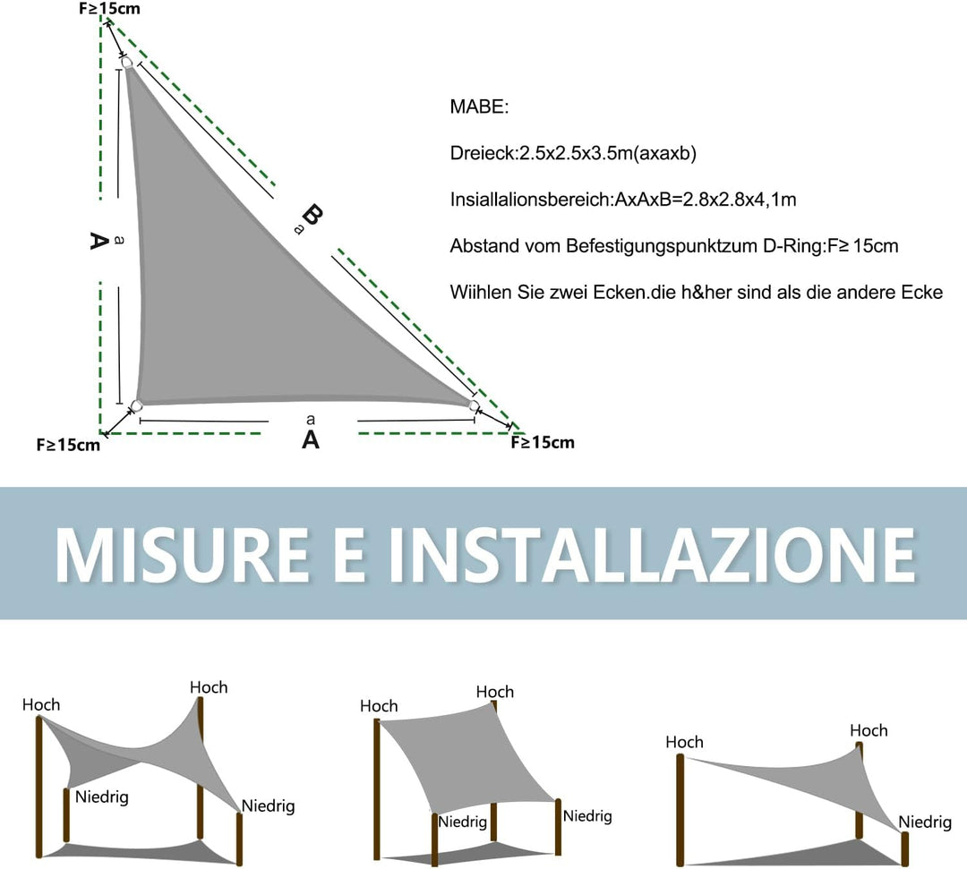 LOVE STORY Sonnensegel 2.5x2.5x3.5m Dreieckig Schattenspende für Terrasse | HDPE-Stoff Wasserdurchlä