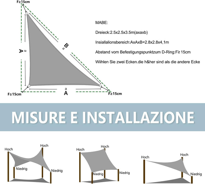 LOVE STORY Sonnensegel 2.5x2.5x3.5m Dreieckig Schattenspende für Terrasse | HDPE-Stoff Wasserdurchlä