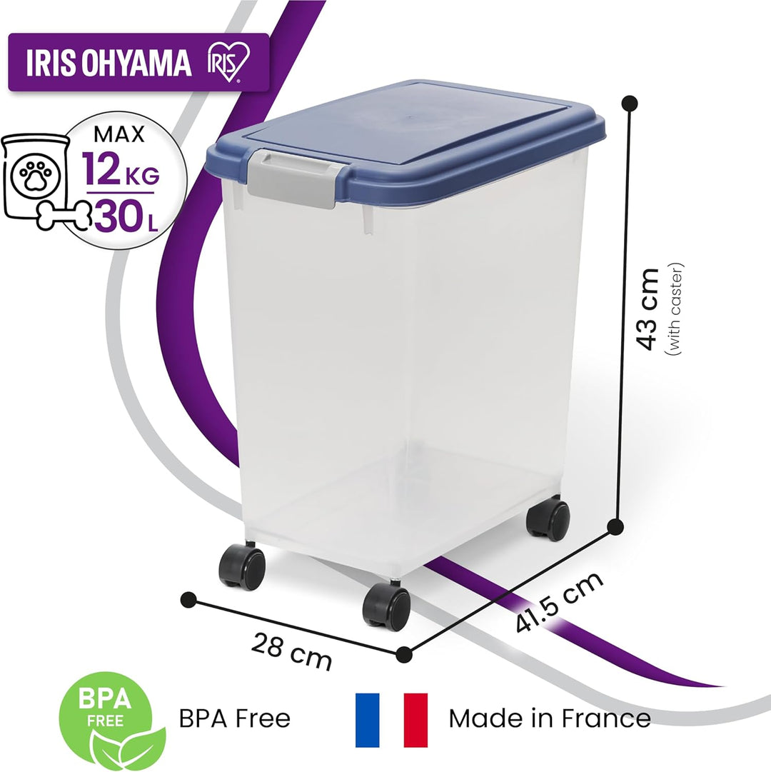 Iris Ohyama Katzenfutter Aufbewahrung mit Rollen, 30L/11kg, Graublau, Luftdichte Futterbox, Trockenf