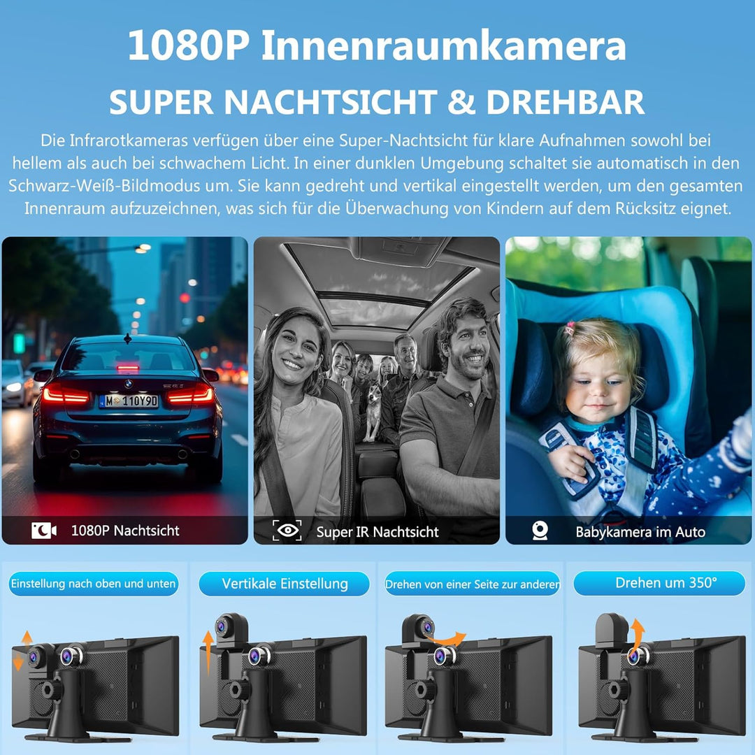 Carpuride W125S Carplay Bildschirm mit 3 Kanal Dash Cam, 4K Front & 1080P Rückkamera, 1080P Infrarot