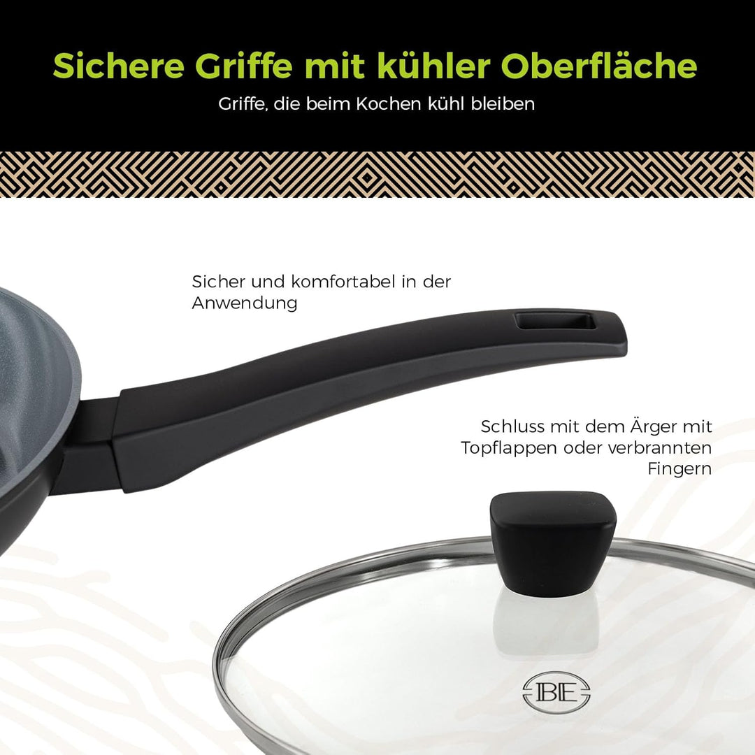 Be Living Pfannenset 4-teilig – Ø 24 & 28 cm Bratpfanne + Sauteuse + Wokpfanne mit Deckel – Bratpfan