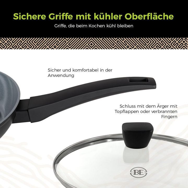 Be Living Pfannenset 4-teilig – Ø 24 & 28 cm Bratpfanne + Sauteuse + Wokpfanne mit Deckel – Bratpfan