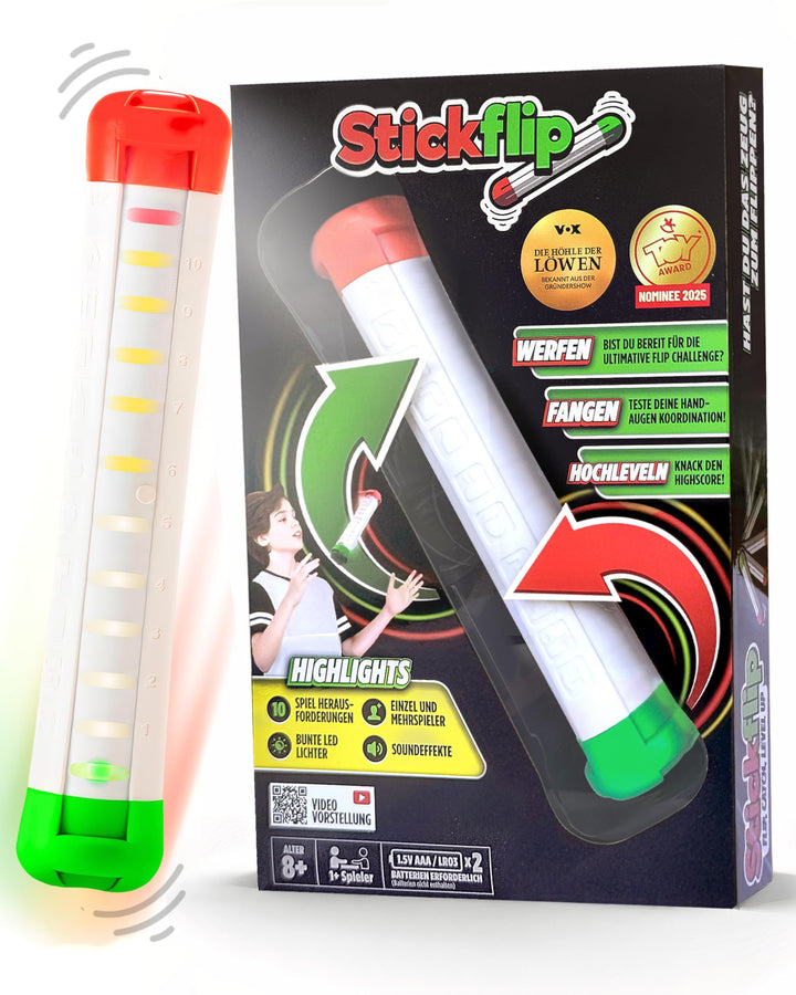 Stickflip - Werfen, Fangen, Hochleveln | 10 Spiele mit LEDs und Sound, Solo und Multiplayer, elektro