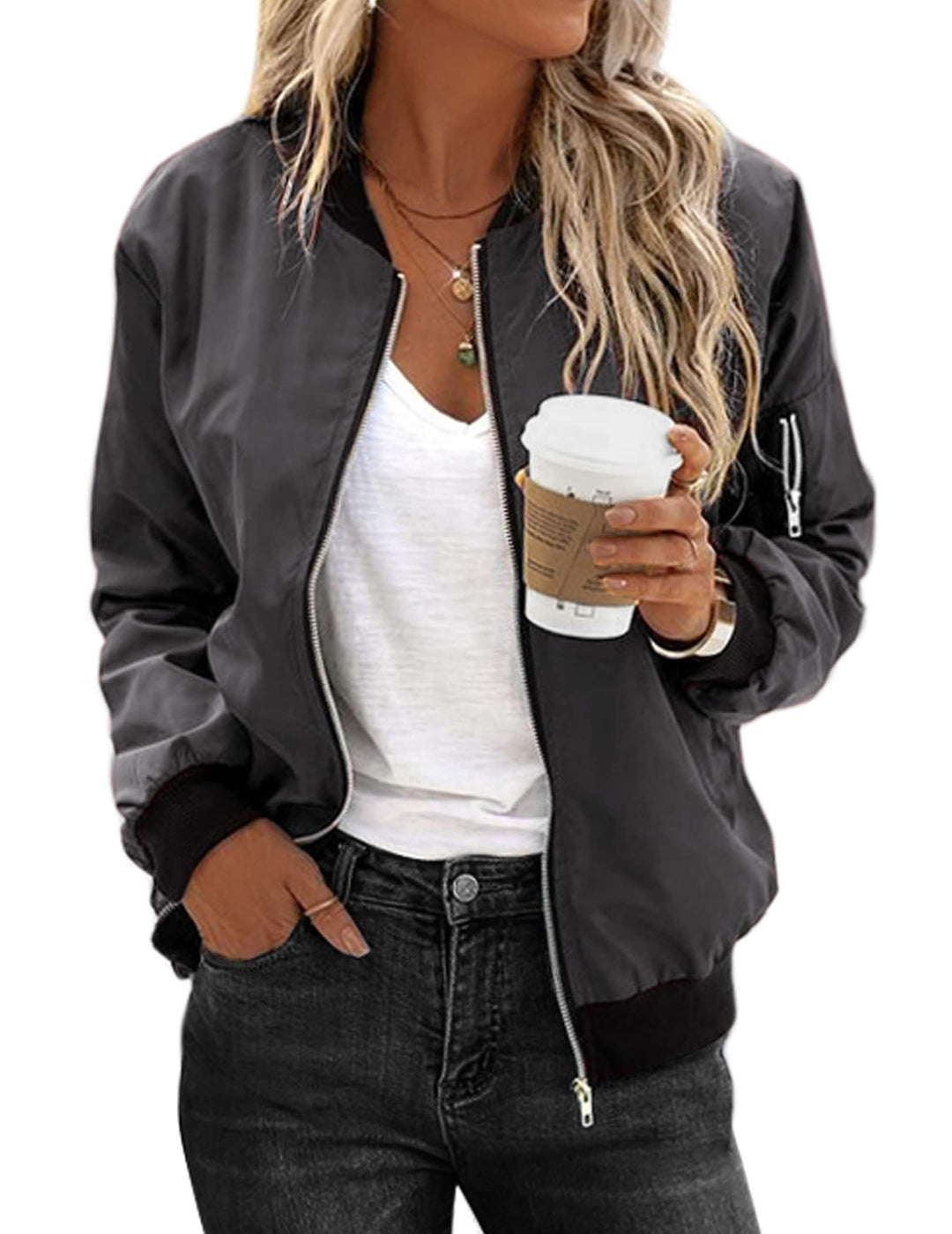 Zeagoo Bomberjacke Damen Kurze Blouson Jacke Casual Pilotenjacke Langarm Outwear Zip Up Solid Leicht