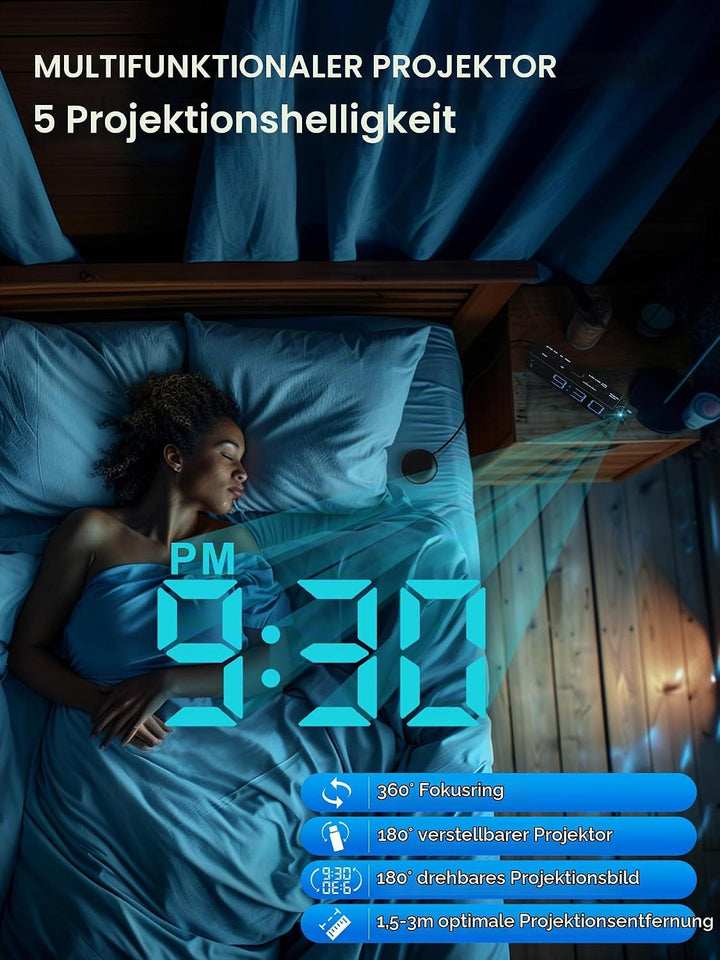 Mesqool Projektionswecker für Schlafzimmer, Lauter Vibrationswecker für Schwerschläfer, Hörgeschädig