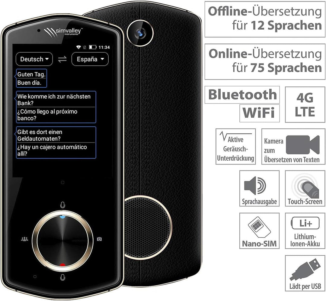 simvalley MOBILE Übersetzungscomputer: Mobiler Echtzeit-Sprachübersetzer, 75 Sprachen, mit Kamera, 4