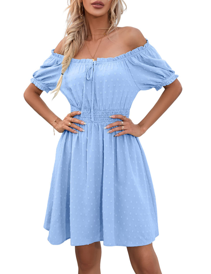 KOJOOIN Damen Kleider MiniKleid Swiss dot Kurzarm Puffärmel mit Rüsche trägerlos Kleider Tupfen Frei