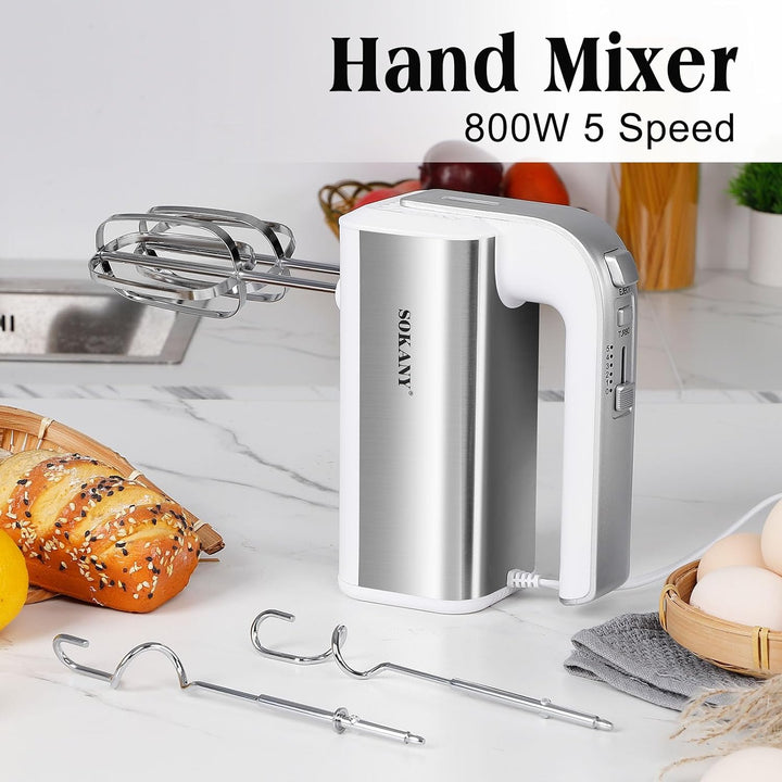 SOKANY 800W Handrührgerät Edelstahlkneter Handmixer, 5 Geschwindigkeiten mit Exit-Taste, Handrührer