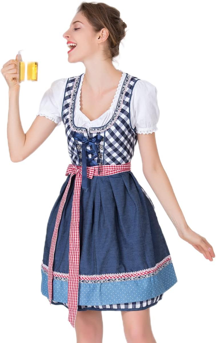 chuangminghangqi Oktoberfest Damen Outfit Dirndl Damen Midi Kariert Kleid Hochzeit Gast Dirndlbluse