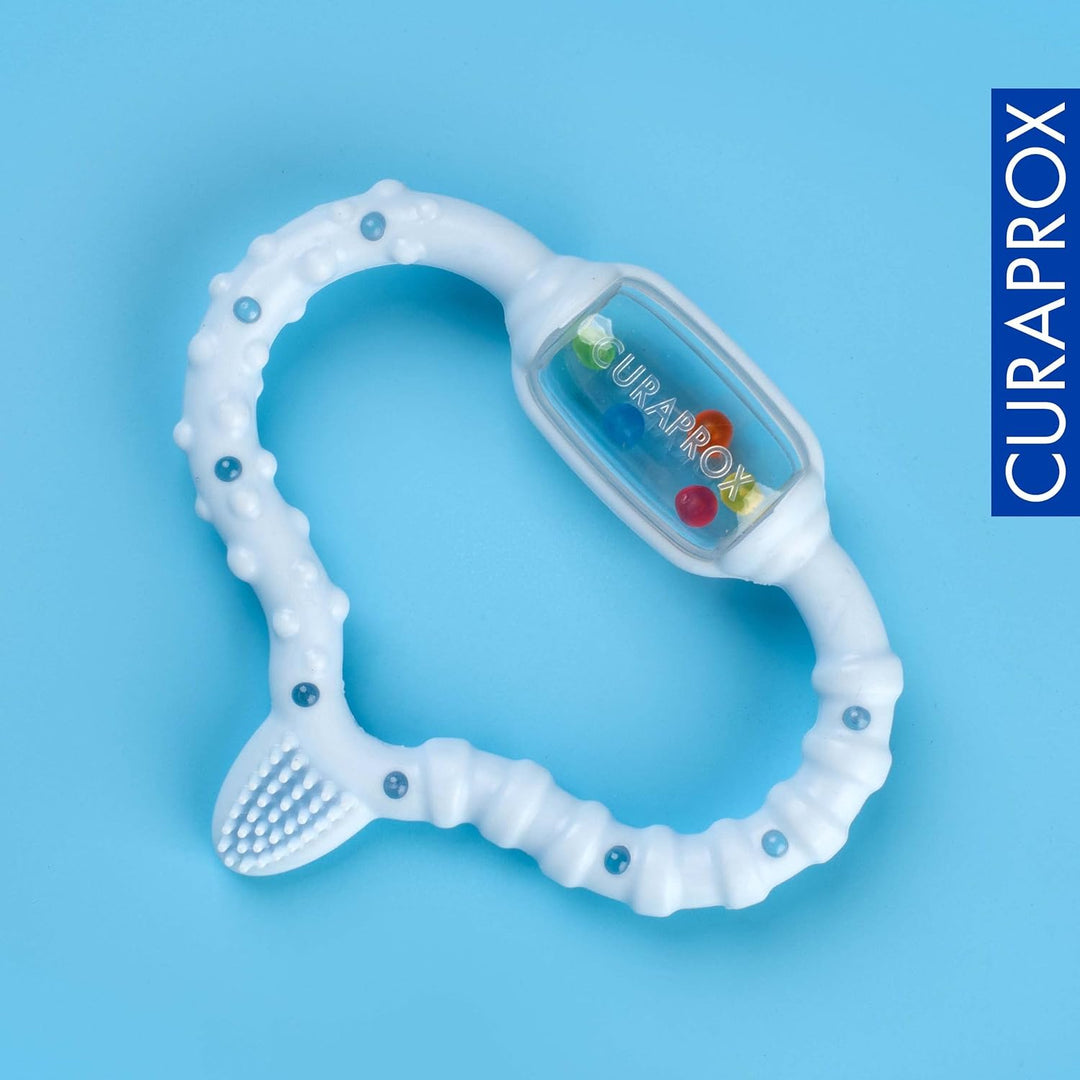 Curaprox Beissring für Babys blau, Baby Beissring mit Rassel, Baby Beissring mit Lernzahnbürste, Bei