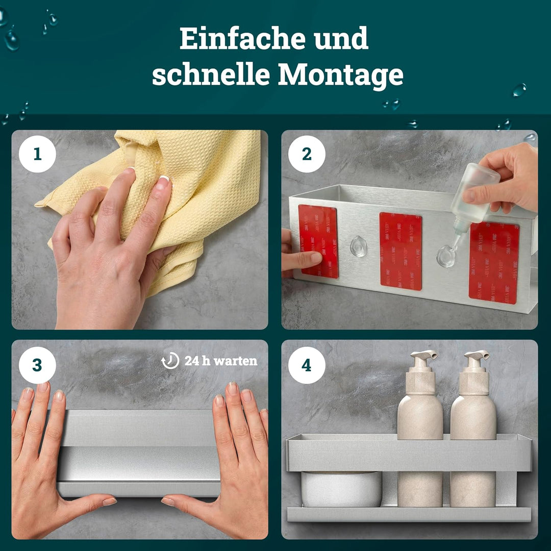 husman® Duschablage ohne Bohren | Edelstahl gebürstet | mit Ablaufrillen & 3 Haken | Kleben statt Bo