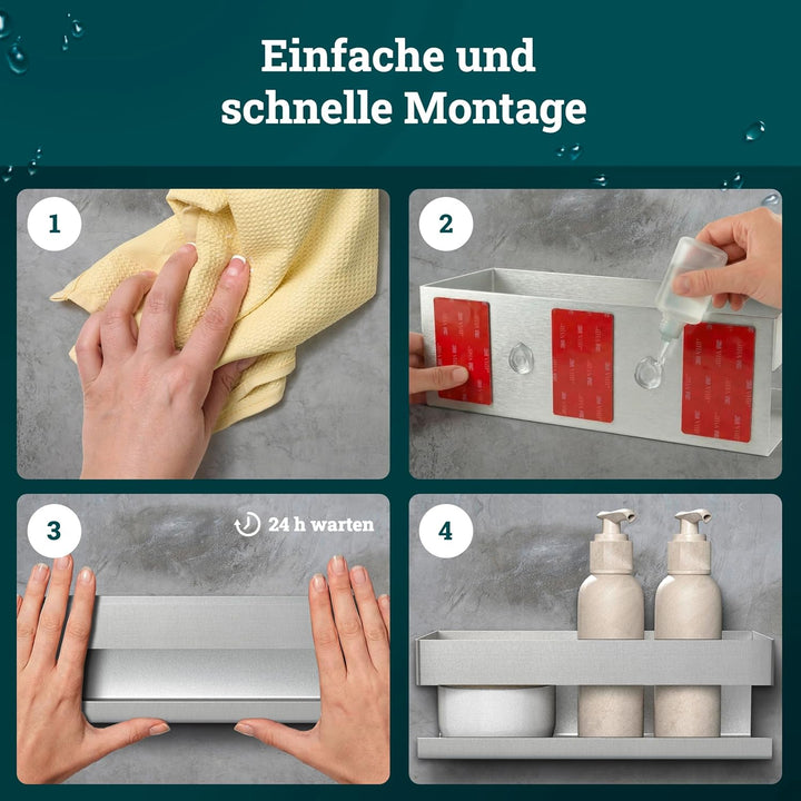 husman® Duschablage ohne Bohren | Edelstahl gebürstet | mit Ablaufrillen & 3 Haken | Kleben statt Bo