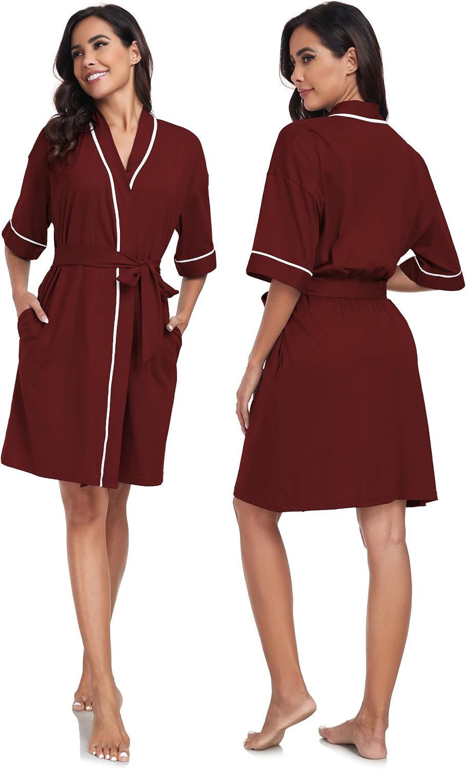 COLORFULLEAF 100% Baumwolle Bademantel Damen Kurz Morgenmantel Leicht Knielang Kimono Saunamantel Na