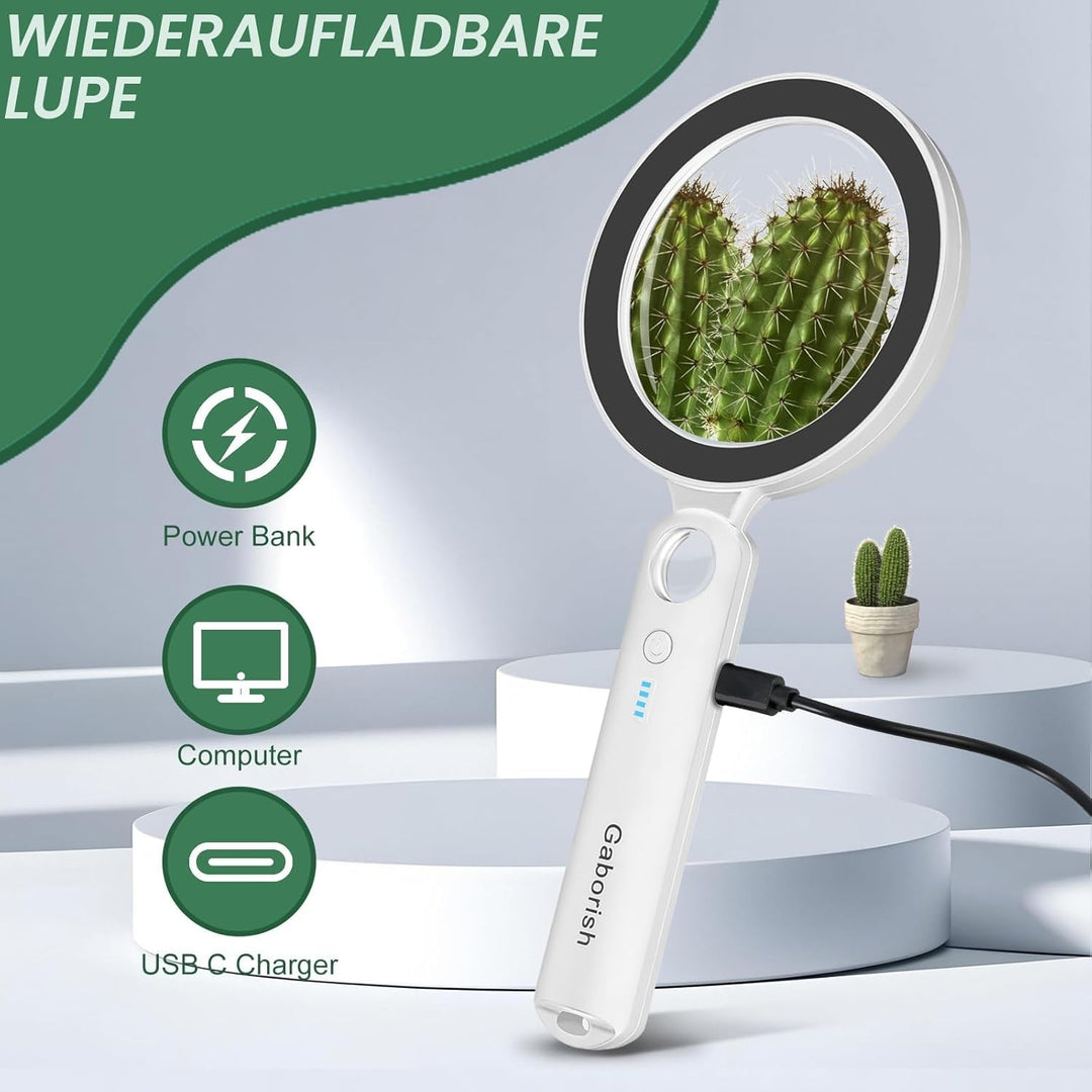 Grosse Lupe mit Licht USB Aufladbar, 10X 30X Leselupe mit Licht für Senioren Gross, 36 LED & 5 Licht