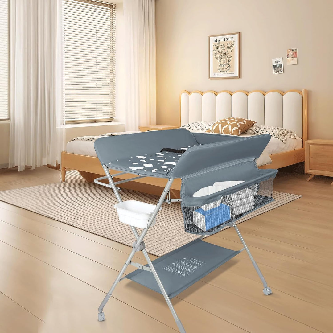 OHMG Baby Wickelkombi Klappbare Wickelkommode,Wickeltisch mit Rollen,Mobiler Wickeltisch mit Wickela