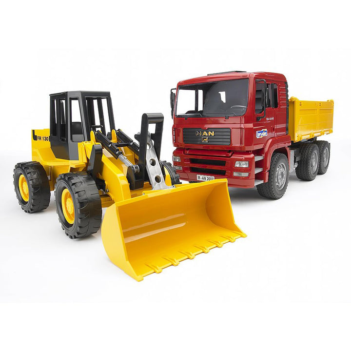 bruder 02752 - Man TGA Kipplastwagen mit Gelenkradlader FR130-1:16 LKW Lastwagen Muldenkipper Radlad