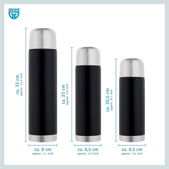 GRÄWE Isolierflaschen-Set 3-teilig Edelstahl 0,35 Liter,0,5 Liter und 1 Liter - schwarz 1000 ml, 500