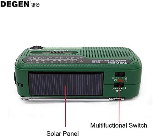 Degen DE13 Cranked Solar FM AM SW Receiver with Flashlight/SOS Alarm/Rechargeable Cell Phone for Eme