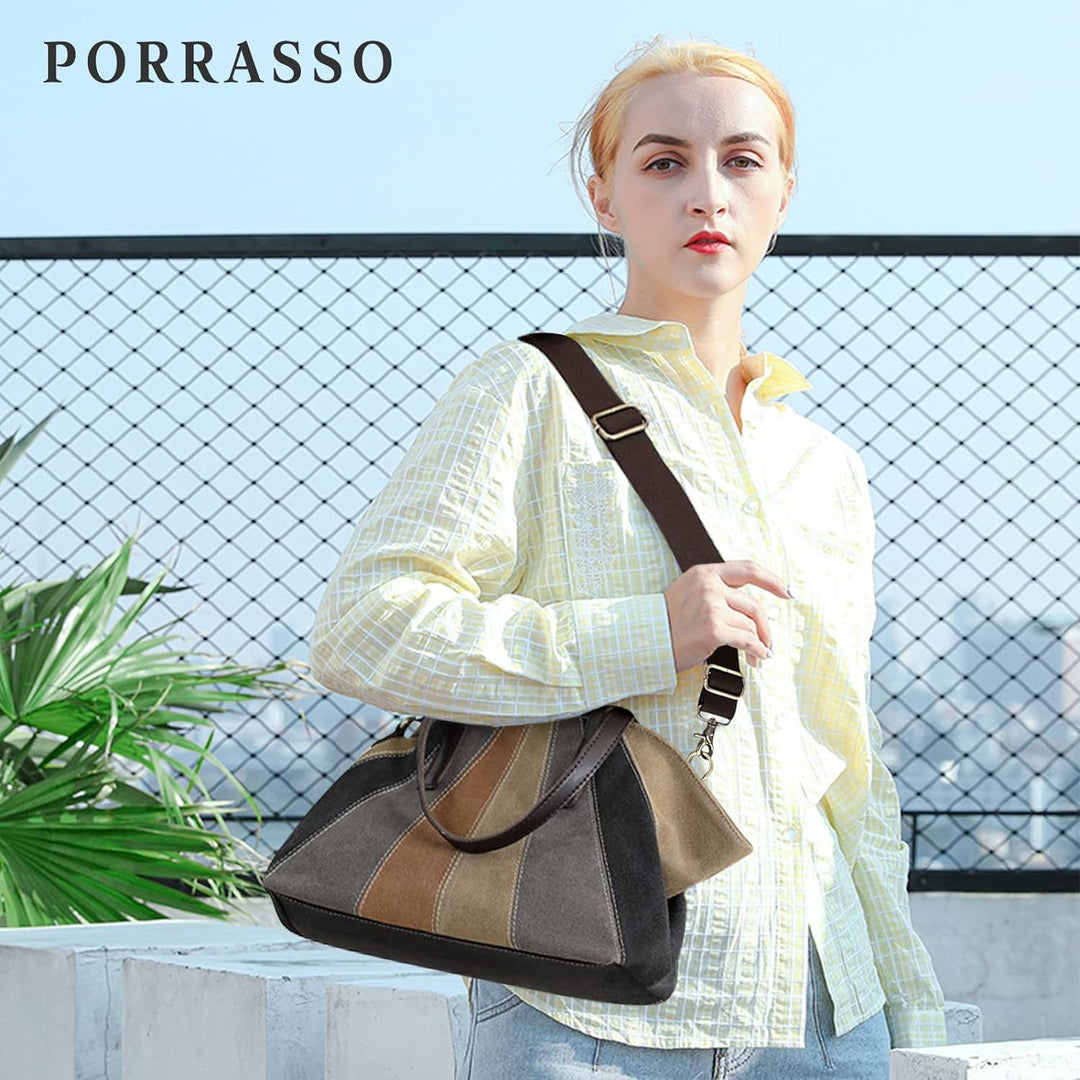 PORRASSO Retro Umhängetasche Damen Schultertasche Canvas Striped Tote Handtasche Mädchen Crossbody B