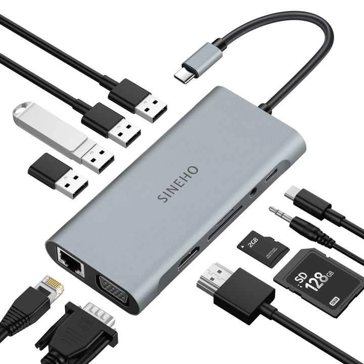Docking Station USB C HUB, 11 in 1 USB C Adapter mit 4K HDMI, VGA, Ethernet, 4 USB Ports, SD/TF, 100
