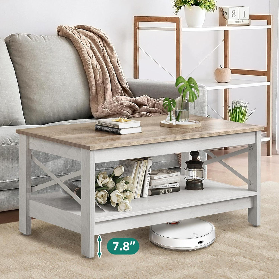YITAHOME Couchtisch, Wohnzimmertisch, 2-stöckiger Dicker Holz Rechteckiger Couchtisch, X-Form Metal