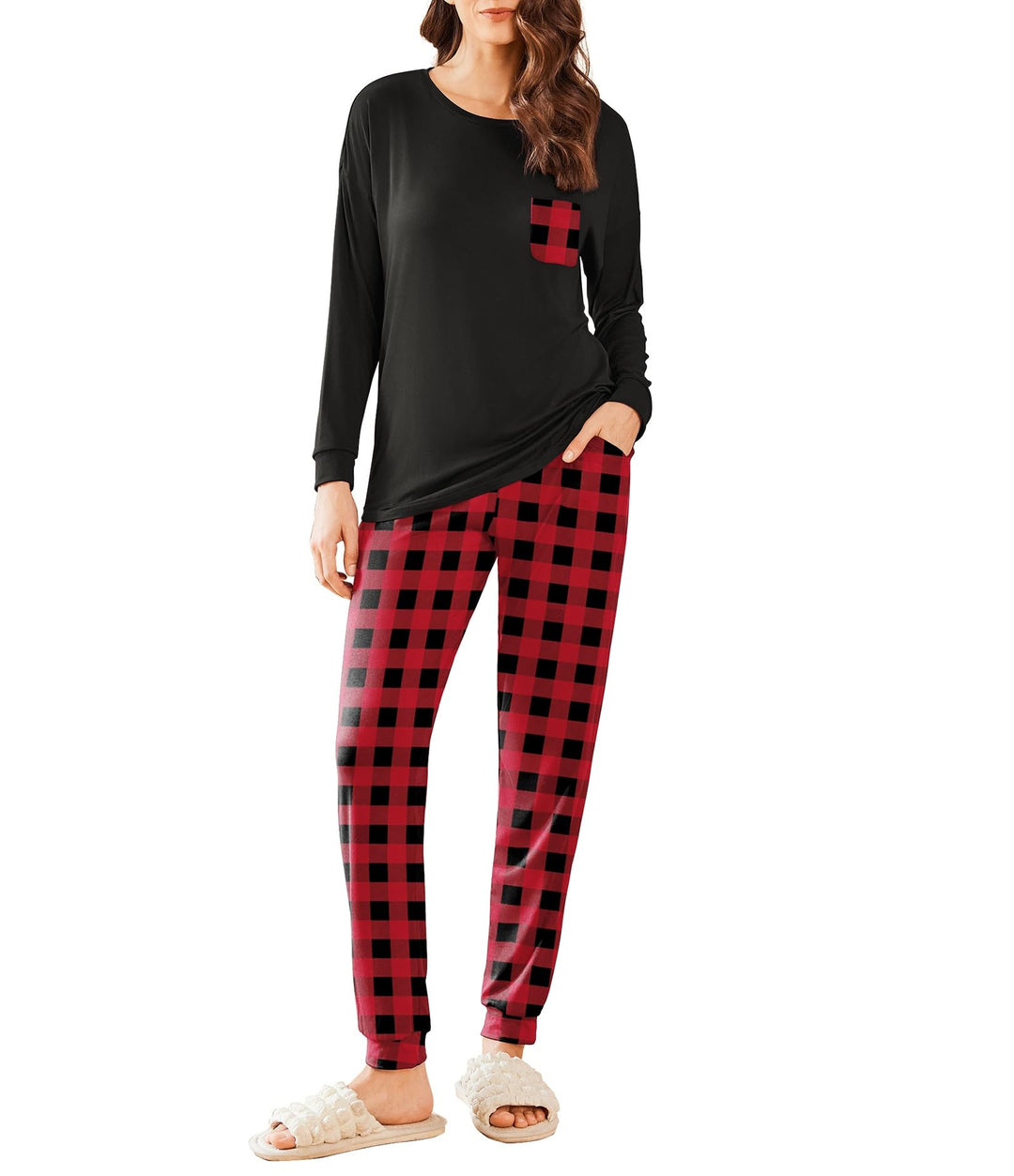Ekouaer Schlafanzug Damen Lang Zweiteiler Pyjama Langarm Warm Pyjama Set Weich Nachtwäsche Kariert,