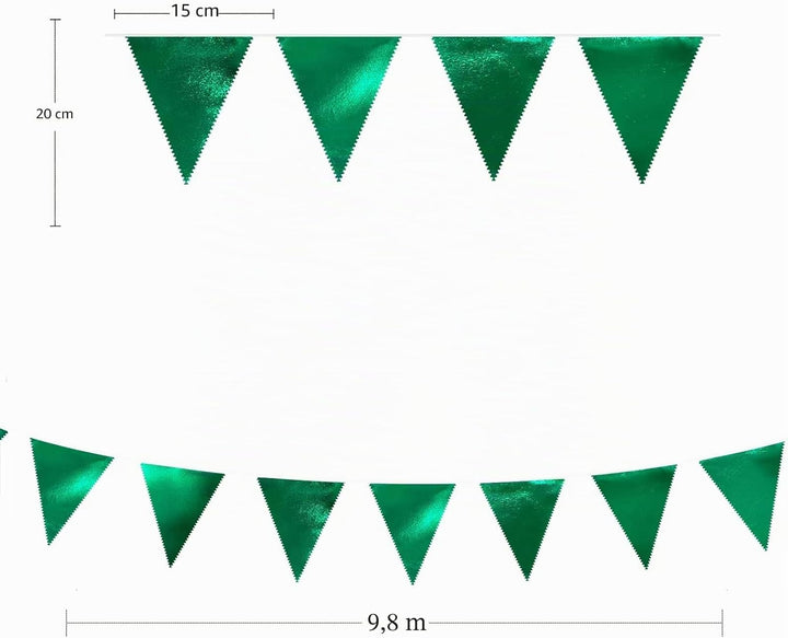 32 Fuss Grüne Stoff-Dreiecksbanner-Flagge Doppelseitig Metallisch Holografische Wimpelkette Girlande