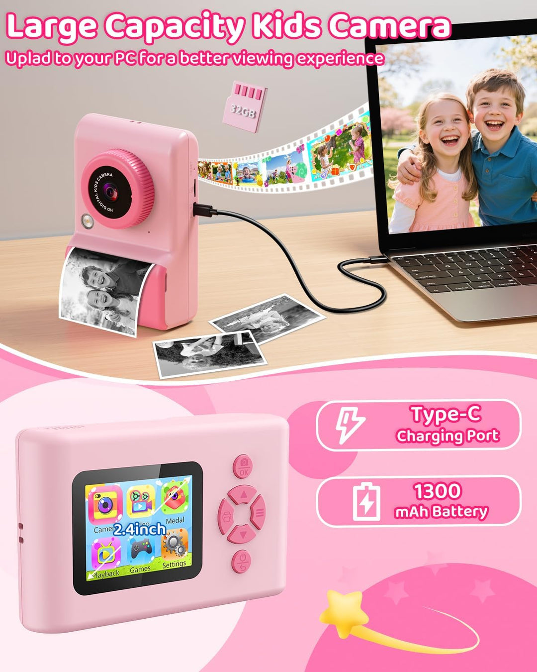 Sofortbildkamera Kinder, 20MP 1080P Digitalkamera Kamera Kinder Sofortdruck, 2,4 Zoll Kinderkamera S