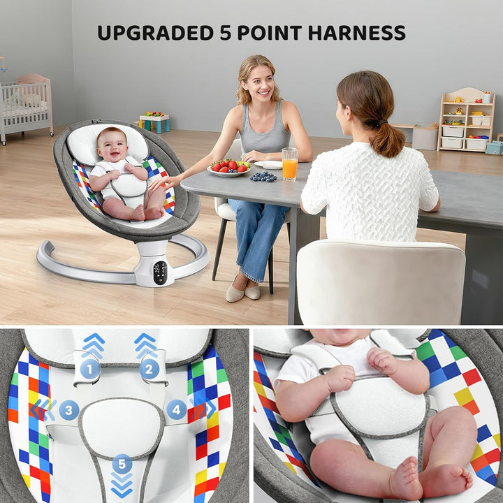 Bluetooth Elektrische Babyschaukel, Upgrade 5-Punkte Geschirr Elektrische Babywippe mit 5 Geschwindi