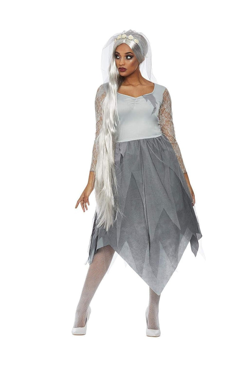 Graveyard Bride Costume, Grey, Dress & Veiled Headband (S)