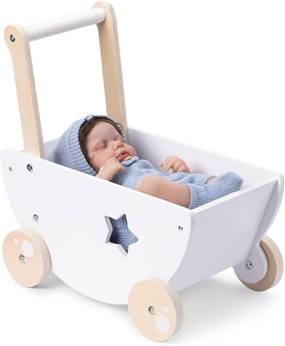 Navaris Puppenwagen aus Holz in Weiss - Kinder Baby Puppen Wagen Lauflernwagen - für Mädchen und Jun