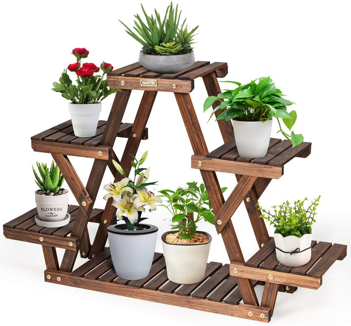 GOPLUS 6 Ebenen Blumenregal, Pflanzenregal, Blumentreppe Holz für Garten & Balkon, 99x25x64cm