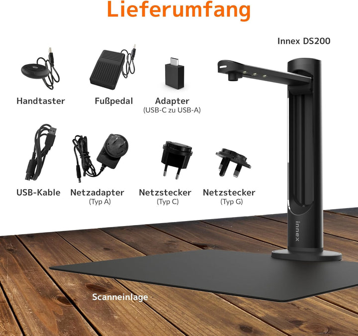 Innex DS200 USB Buchscanner, 20,1MP, A3-Dokumentenscan, OCR 120+ Sprachen, Auto-Glättung & Begradigu