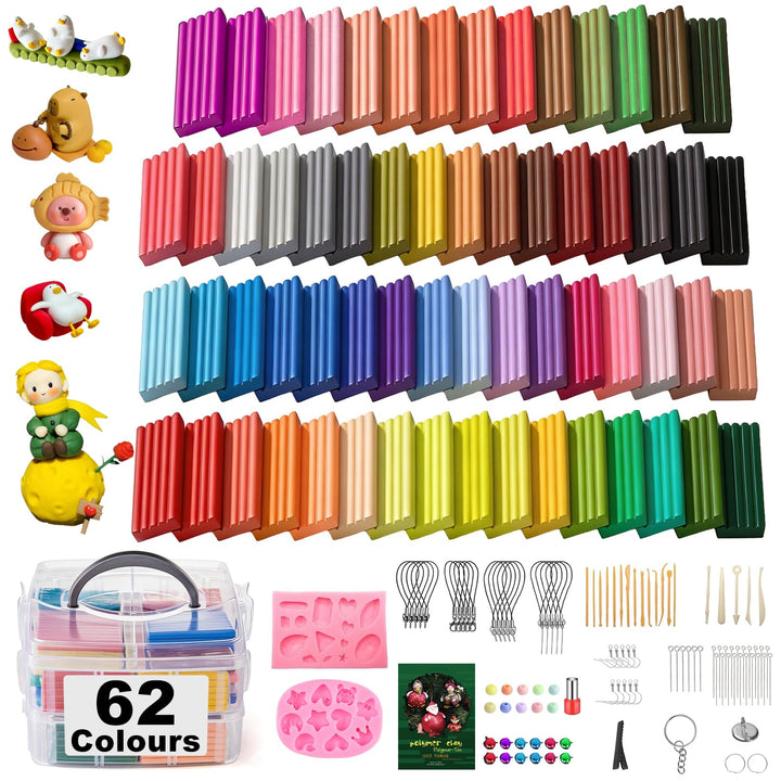 Polymer Clay Set,62 Colours DIY Modelling Clay Oven Baking Clay Kit,20 g/Block Soft Modeling Clay Ki