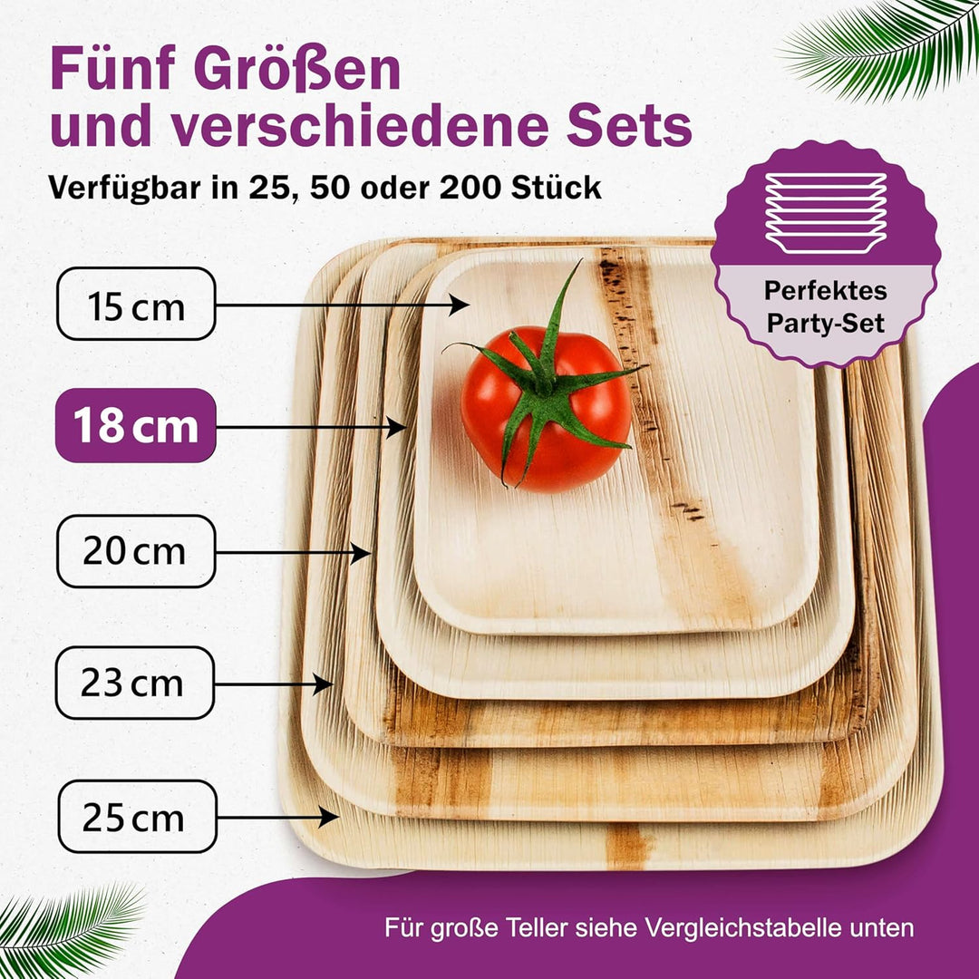 Waipur Bio Palmblatt Teller - 200 Teller eckig 18x18 cm - Premium Einweggeschirr kompostierbar - Umw