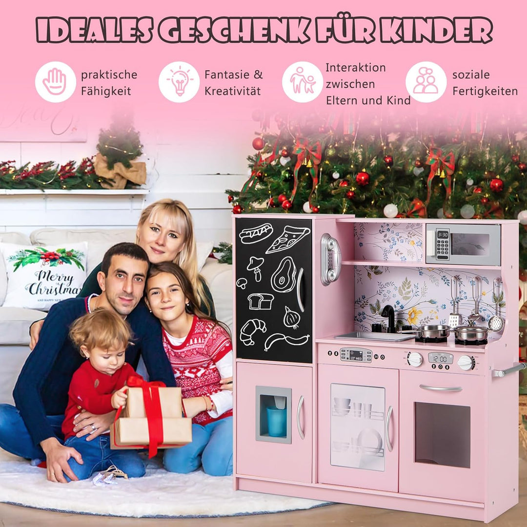 COSTWAY Kinderküche mit 10 Spielzubehör, Spielküche Kinder mit Tafel, Spielzeugküche mit Mikrowelle