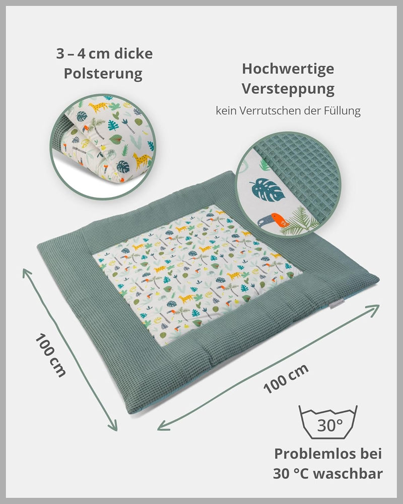 ULLENBOOM Baby Krabbeldecke 100x100 cm gepolstert - Salbeigrün-Regenwald (Made in EU) - Krabbeldecke