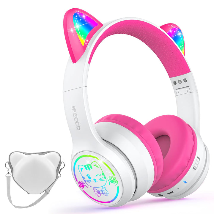 IFECCO Bluetooth Kopfhörer Kinder kabellos mit Aufbewahrungstasche, Kinderkopfhörer Over-Ear mit LED