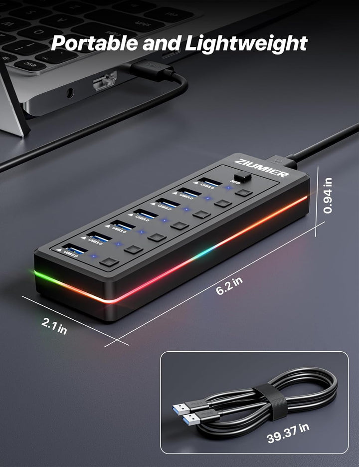 USB-Hub mit 7 Anschlüssen, USB 3.0-Hub mit RGB-LED-Streifen individuelle LED-EIN/Aus-Schalter für La