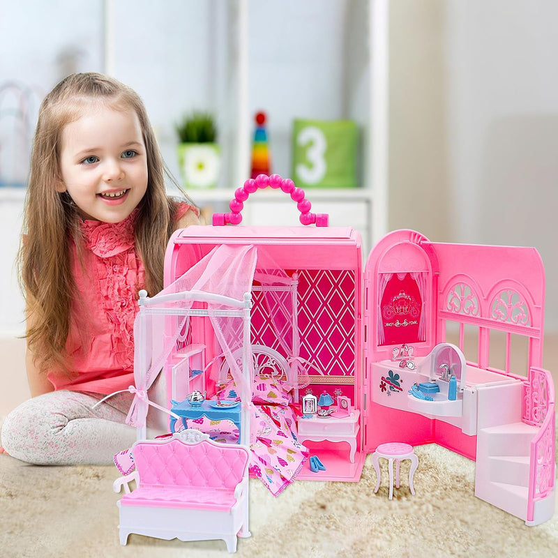 deAO Puppenhaus, Rosa Tragetasche Puppenhaus Klappbar Möbel Familie Spielzeug mit Schlafzimmer Bad,