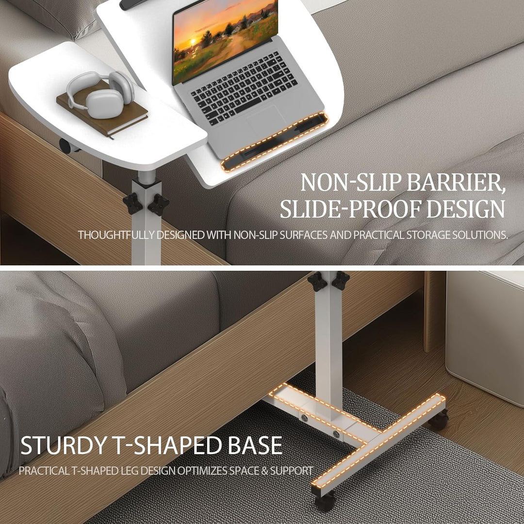 Huracan Betttisch mit Rollen, Höhenverstellbarer Laptoptisch 59–89cm, Beistelltisch Doppel-Tischplat