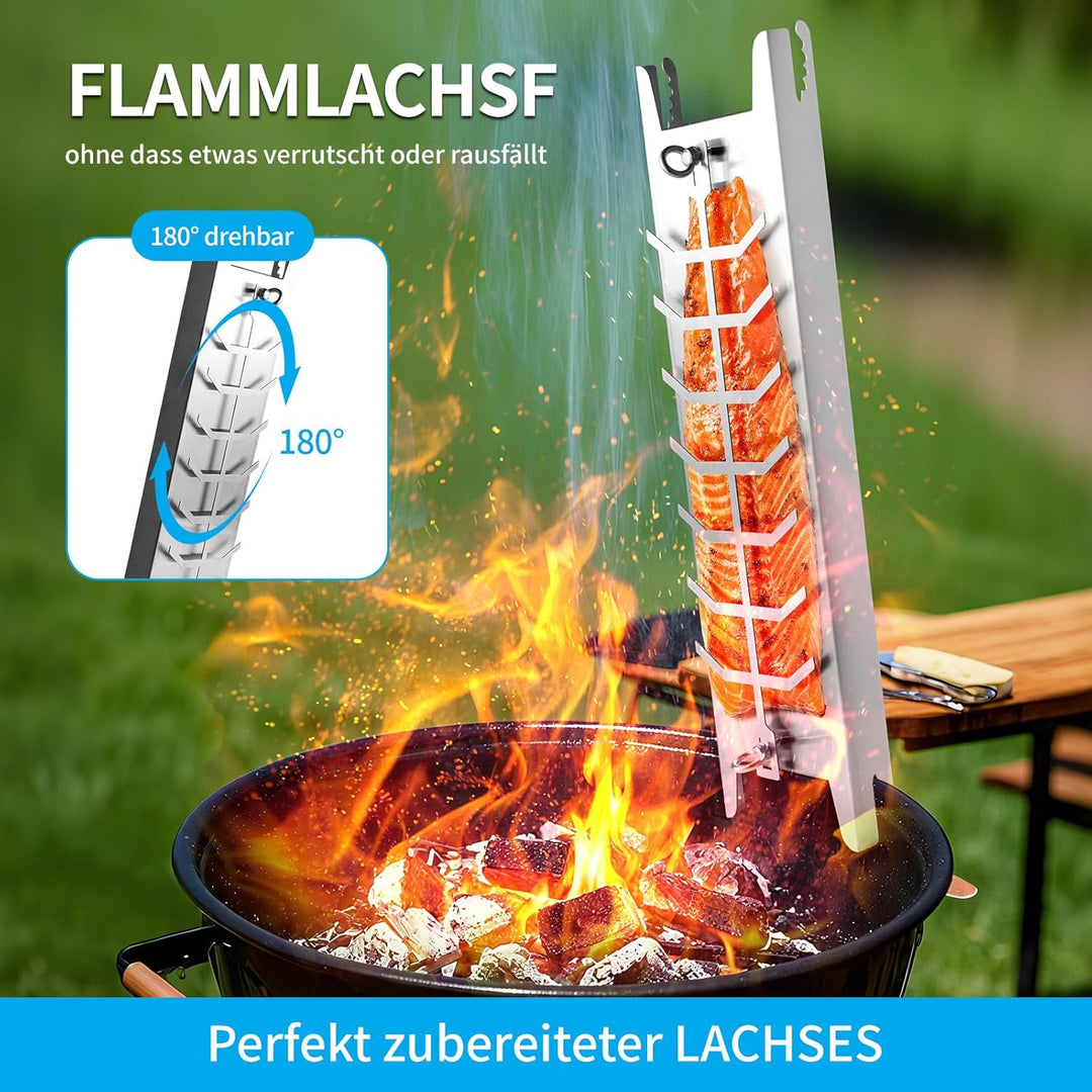 Edelstahl Flammlachshalter, 5 verstellbare Winkel & 180° drehbarer Grill, spülmaschinenfest, für Feu