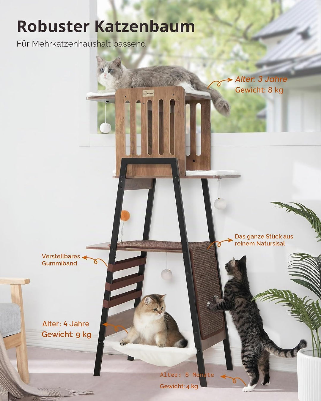 FourFurPets 147 cm Kratzbaum, Kratzbaum Grosse Katzen stabil, moderner katzenbaum für drinnen, hoher