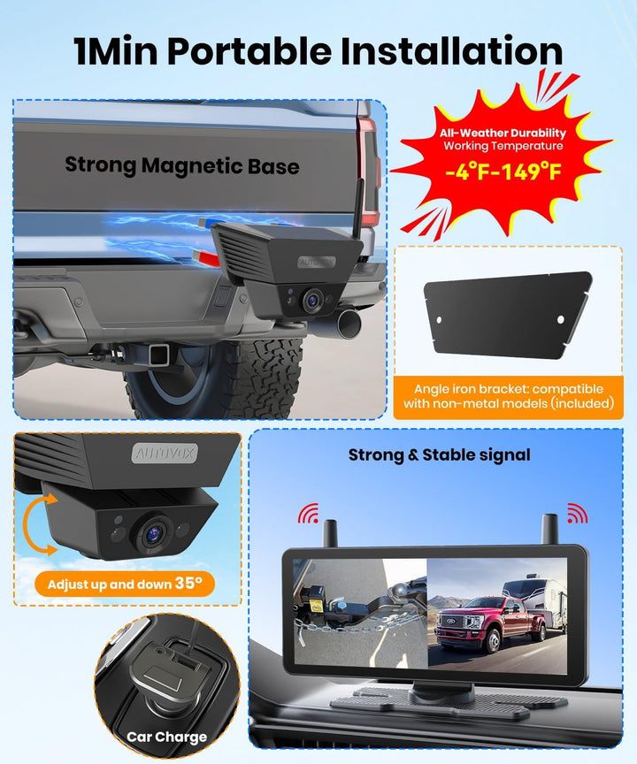 AUTO-VOX 2 Magnetische Solar Rückfahrkamera Kabellose Mit DVR 7.2" AHD 1080P Display: 1 Min Installa
