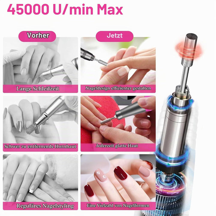 Elektrische Nagelfräser 45000 U/min，Wiederaufladbare Professionelle Elektrische Nagelfeile 4000mAh U