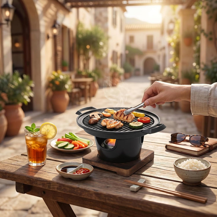 Hibachi Grill aus Gusseisen, Kleiner Tragbarer Rauchfreier Tischgrill, Japanischer Holzkohlegrill au