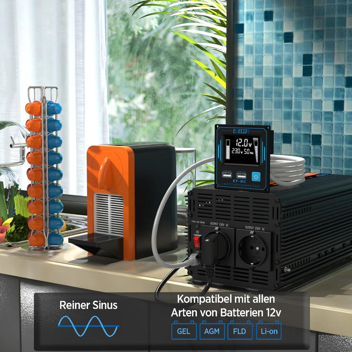 EDECOA Wechselrichter 2500w Reiner Sinus Spannungswandler 12v 230v LCD 2X USB und Fernbedienung wand