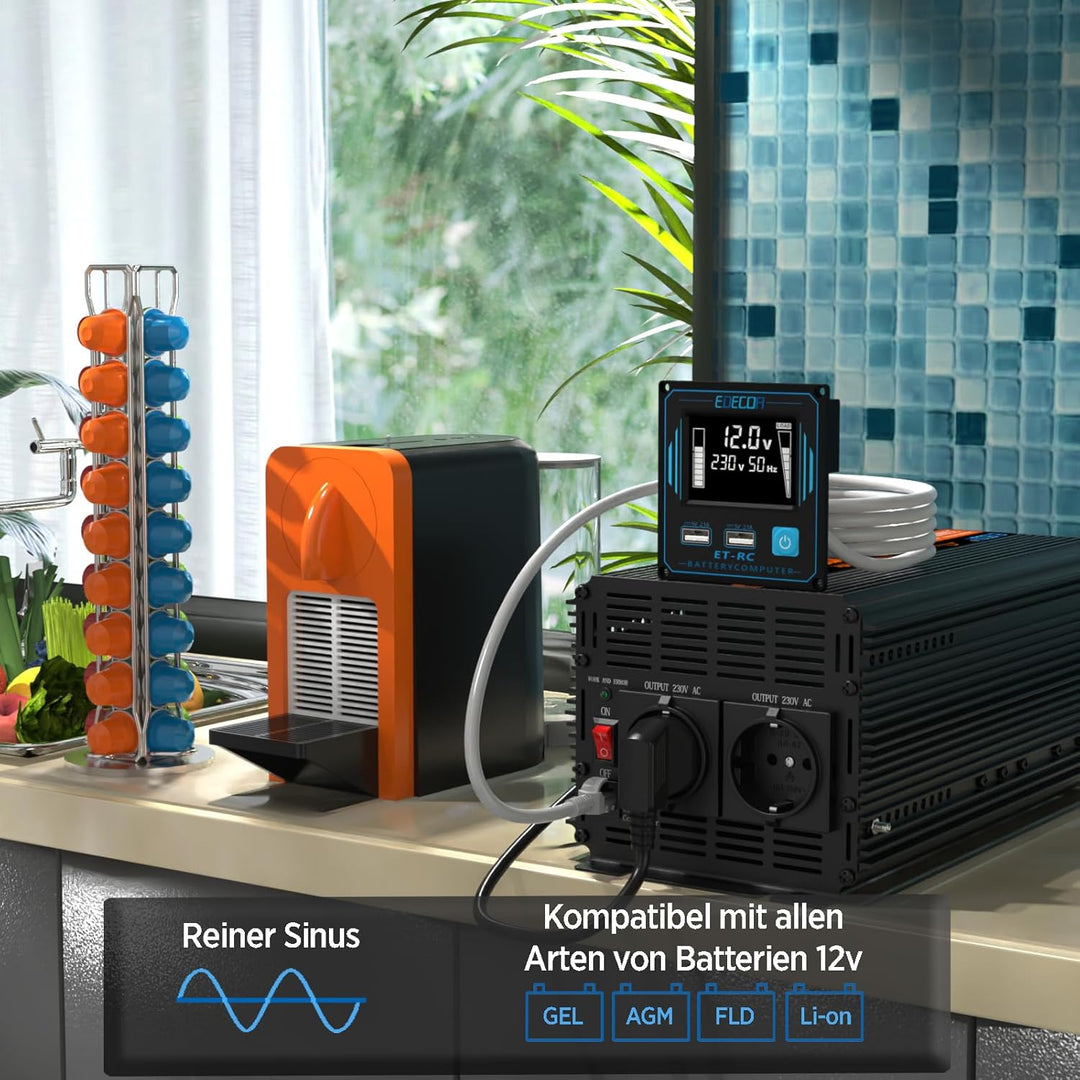 EDECOA Wechselrichter 12v 230v Reiner Sinus Spannungswandler 1000w mit Neuer Fernbedienung 2X USB un